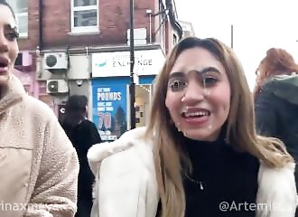 She walks down the street with her face covered in semen